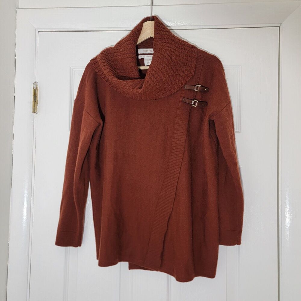 Ellen Tracy 100% Extrafine Merino Wool Leather Buckle Brown Cowlneck Cardigan  M
